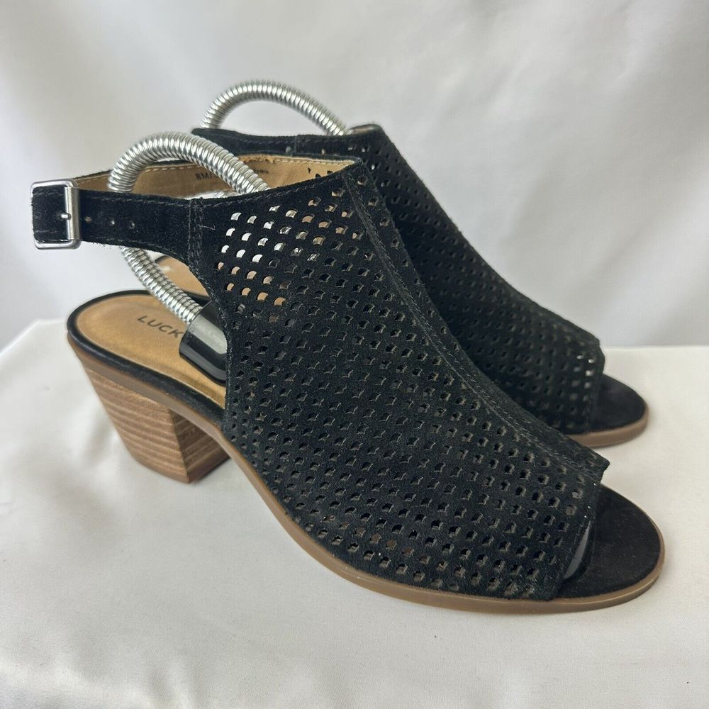 Lucky Brand Women's Bertel Sandal Size‎ 8 Block Heel Slingback Black Suede Shoe